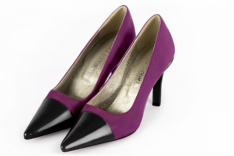 Gloss black and mulberry purple women's dress pumps,with a square neckline. Pointed toe. High slim heel. Front view - Florence KOOIJMAN